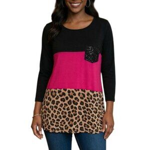 Heimish USA Size Medium Top Colorblock Leopard Sequin Pocket Long Sleeves Womens